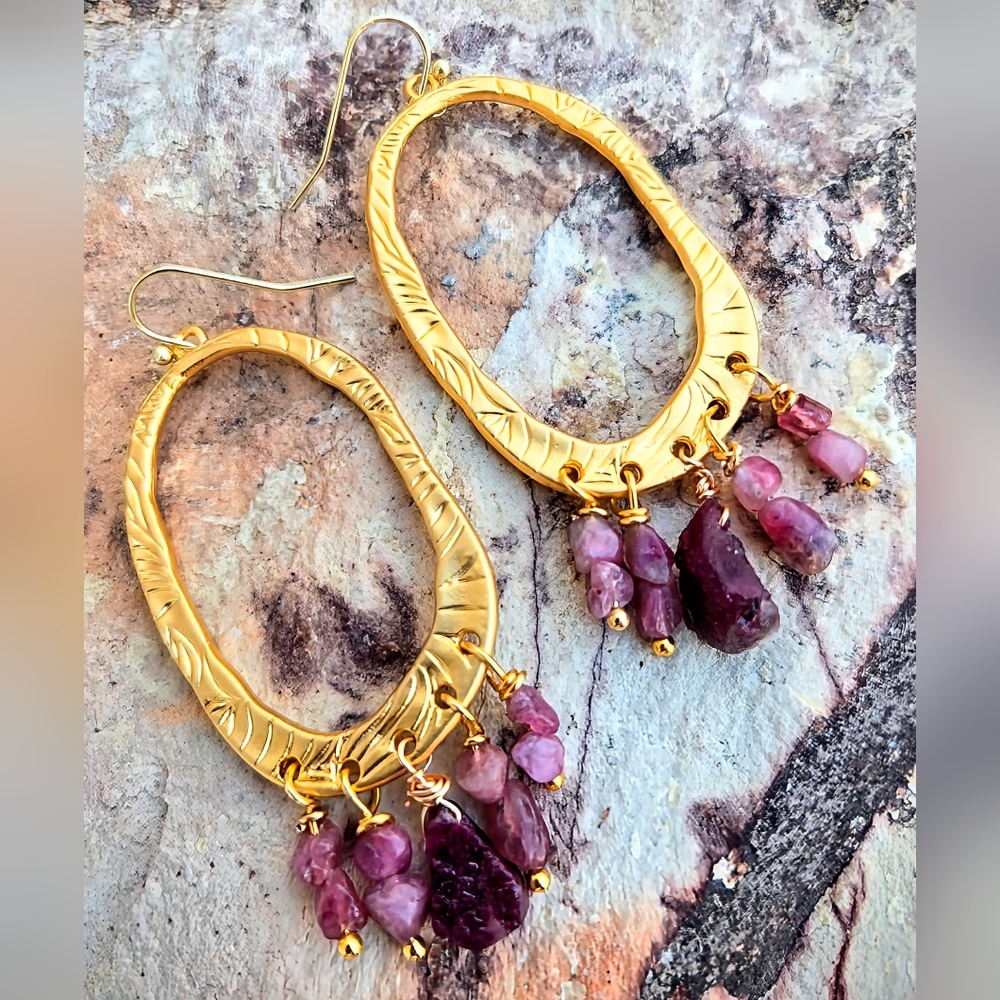Etruscan-inspired Natural Raw Tourmaline In Hammered Gold Plated Large Earrings